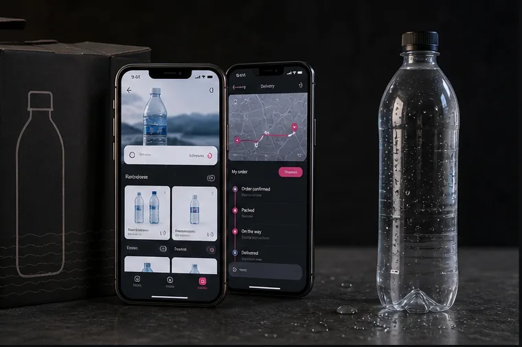 Concept visual of a mobile mineral-water ordering product on two smartphones