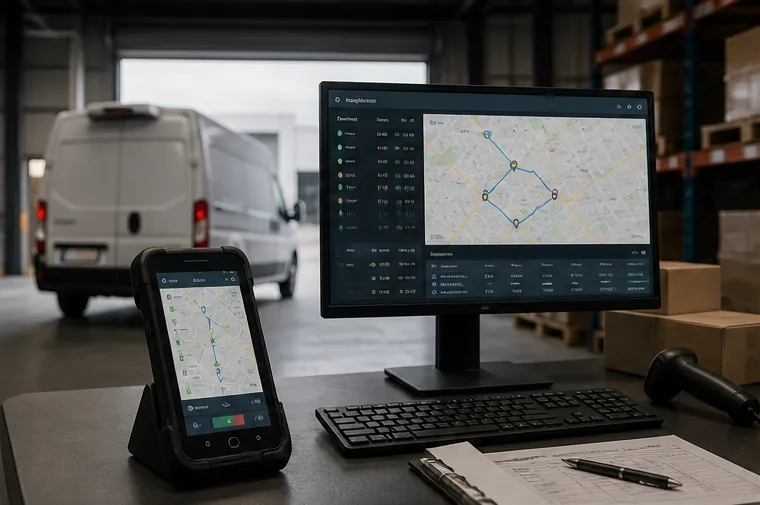 Concept visual of a delivery dispatch desk with route planning and mobile operations