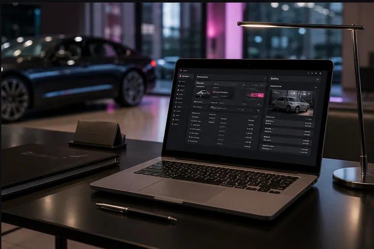 Concept visual of a private dealership CRM on a laptop in a premium showroom