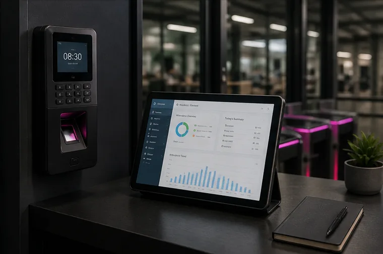 Concept visual of biometric attendance hardware and an HR operations dashboard