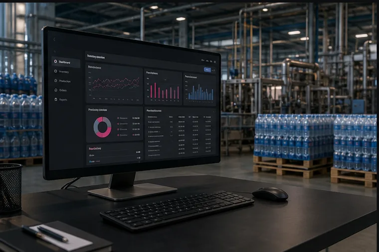 Concept visual of an operational ERP dashboard inside a mineral-water warehouse
