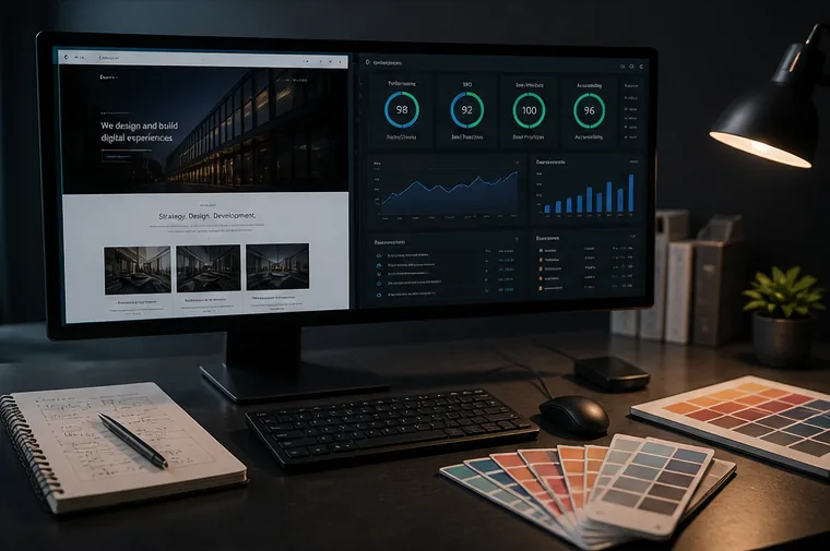 Concept visual of a web design and technical SEO performance workstation